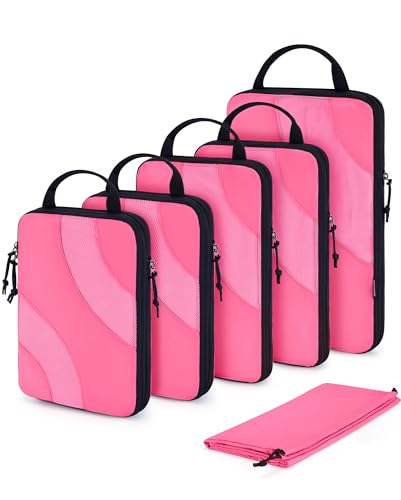 BAGSMART Compression Packing Cubes, 6 Set/4 Set/2 Set Travel Packing Cubes for Carry on Suitcases, Compression Suitcase Organizers Bag Set & Travel Cubes for Luggage, Lightweight Packing Organizers - color: 08-Rose Red, size: 6 Set