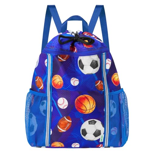 WAWSAM Kids Gym Drawstring Backpack String Bag, Ball Sports Gym Bag for Kids Boys Waterproof Swimming Beach String Cinch Backpack with Two Water Bottle Pocket - color: Ball
