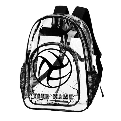 Custom Volleyball Clear Backpack Heavy Duty for Girls Kids Boys | Large Cool PVC Volleyball Theme Printing Transparent Backpacks for Schools Stadium Concerts Work - Clear/Black - color: Volleyball Clear Backpack 3 Black With Front Pocket Custom
