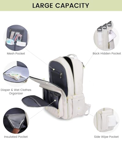LOVEVOOK Leather Diaper Bag Backpack, Quilted Baby Bag with Changing Pad & Pacifier Holder, Waterproof Travel Diaper Bags for Baby Boys Girls, Stylish and Large Capacity, Beige - color: Beige