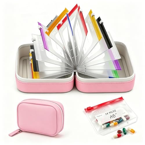 A8 Waterproof Pill Organizer Set, Pill Pouches for Travel, with 14 Color-Coded Pouches, 2026 New Leakproof Reusable Zippered Storage Case, Compact Daily Pills Holder, Travel Medicine Organizers - color: Pink