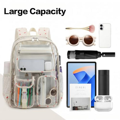 Clear Backpacks for Girls Women, Heavy Duty PVC Transparent School Bookbag See Through Back Pack for College Work Travel (Cherry Beige) - color: Cherry Beige