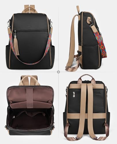 FADEON Leather Laptop Backpack for Women Designer 15.6 inch PU Laptop Bag, Ladies Travel Computer Work Backpack Black - color: Black Retro Style