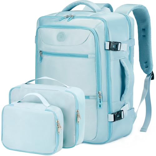 SHRRADOO Travel Backpack for Women & Men,Airline Approved Carry On Luggage,TSA Overnight Bags,40L Personal Item Travel Bag fits 17" Laptop,Carry on Bag with Storage Bag Cosmetic Bag Set 3pcs - color: Light Blue