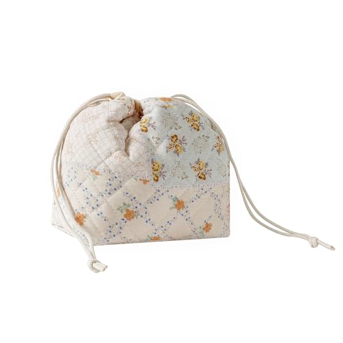 Cotton Quilted Drawstring Makeup Bag with Canvas Lining,Coquette Aesthetic Cute Travel Toiletry Bag,Drawstring Gift Bag for Women and Girls（08Pink Flower） - color: 08Pink Flower
