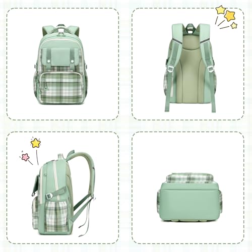 MUSEVOS Girls Backpack, Elementary Middle School Backpack, Large Capacity Kids Bookbag - color: Green/Gold Thread