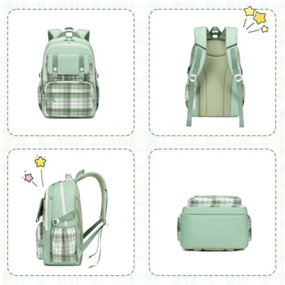 MUSEVOS Girls Backpack, Elementary Middle School Backpack, Large Capacity Kids Bookbag - color: Green/Gold Thread