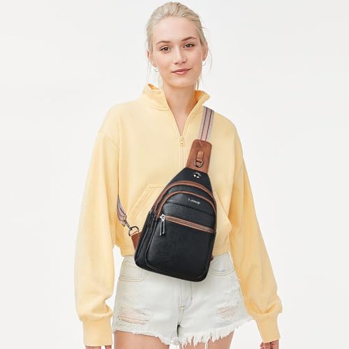 LATMAP 7L Sling Bag For Women Faux Leather Anti Theft Small Casual Daypack Backpack Fanny Pack Crossbody Chest Bags Purse Waterproof - color: 7l-black W/ Brown Trim