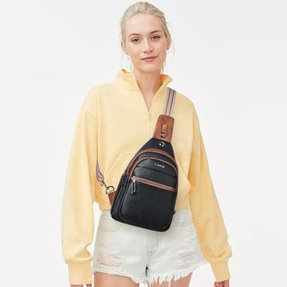 LATMAP 7L Sling Bag For Women Faux Leather Anti Theft Small Casual Daypack Backpack Fanny Pack Crossbody Chest Bags Purse Waterproof - color: 7l-black W/ Brown Trim