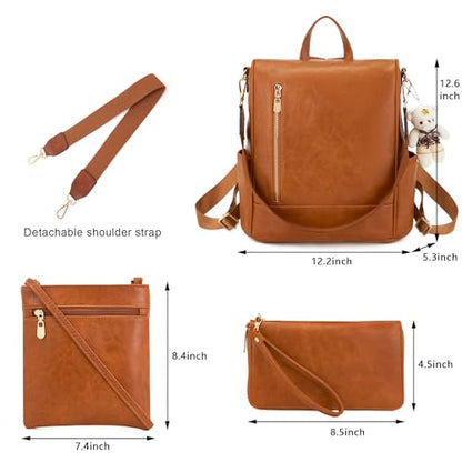 Soperwillton Women Fashion Backpack Purse Anti-Theft Leather Shoulder Bag Travel Multi Pockets Handbag Wallet Set 3pcs - color: Brown