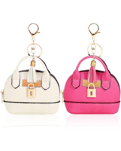 2 pcs Cute Mini Cosmetic Bag for Women PU Leather Backpack Keychain Makeup Bag Key Pocket Lipstick Bag Card Holder Data Cable Organizer Zipper Pouch (Handbag, Rose Red + White) - color: Rose Red + White