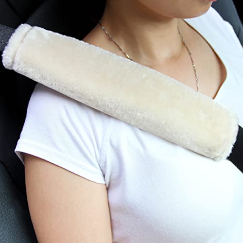 Amooca Soft Faux Fur Universal Fit Seatbelt Cover Car Truck SUV Airplane Seat Belt Shoulder Pad for Carmera Backpack Straps Neck Cushion Protector 2 Pack 10.5in Beige - color: Beige, size: 10.5in 2pack