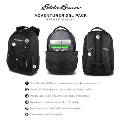 Eddie Bauer Adventurer Backpack with Organization Compartments and Hydration/Laptop Compatible Sleeve, Adventurer - Black, 25L - color: Adventurer - Black, size: 25L