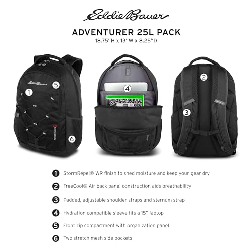 Eddie Bauer Adventurer Backpack with Organization Compartments and Hydration/Laptop Compatible Sleeve, Adventurer - Black, 25L - color: Adventurer - Black, size: 25L