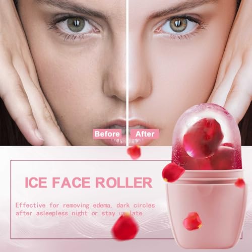 XHJRI Ice Face Roller Massager,Ice Cube Roller for Face, Eyes and Neck Naturally Conditioning and Skin Care,De-Puff Eye Bags,Reduce Migraine Pain,Reusable Massage Silicone Ice Mold (New Pink White) - color: New Pink White