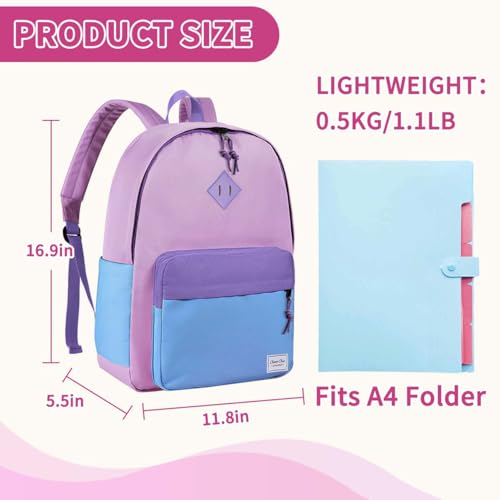 Chase Chic Kids Backpack for Girls - 17 inch School Backpacks for Toddler Fits 6 to 12 Years Old - Lightweight Water Resistant Preschool Bookbag for Travel Daycare (Purple Blue) - color: Light Purple&blue