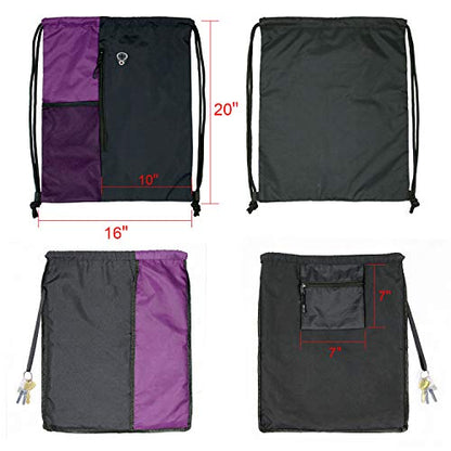 BeeGreen Purple Drawstring Backpack Sports Gym Bag for Women Men Large Cinch Sack workout Bag with Zipper and Water Bottle Mesh Pockets, 16 x 20 inch - color: Black/Purple, style: Drawstring With Mesh Pocket