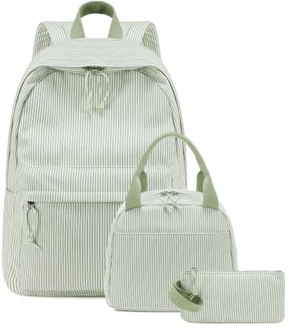 BTOOP School Backpacks for Teen Girls Bookbags Lightweight Kids Backpack School Bags Set with Lunch Box Pencil Case - color: Green White Stripe