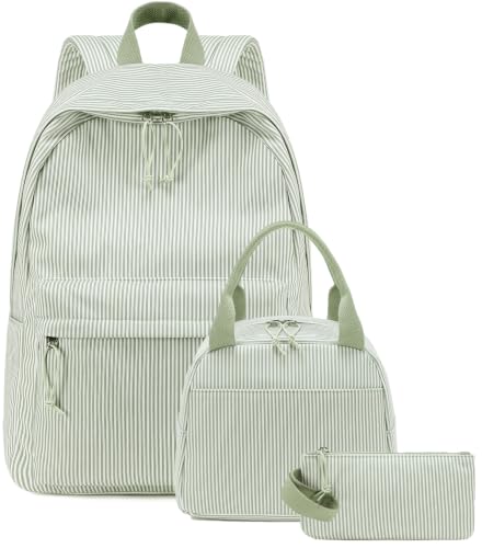 BTOOP School Backpacks for Teen Girls Bookbags Lightweight Kids Backpack School Bags Set with Lunch Box Pencil Case - color: Green White Stripe