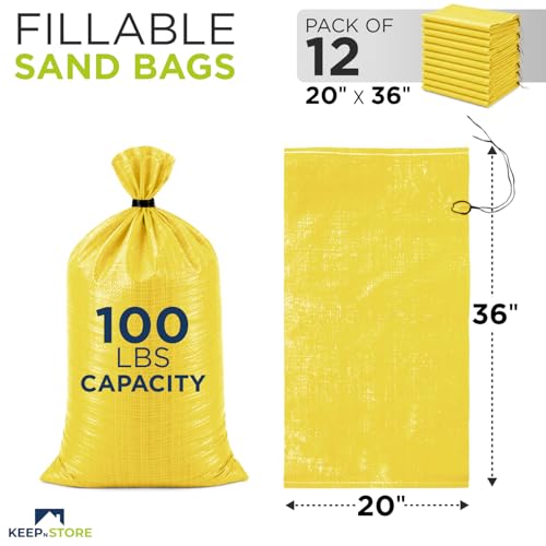 Heavy Duty Sand Bags Pack of 12, Bright Yellow Empty Sandbags with Built-In Ties, Woven Polypropylene UV Protection 1600 Hours, Fillable Bags for Flood Control, Weight, 20x36 inches, 100 Pounds Volume - size: 20"W x 36"L, style: Pack of 12