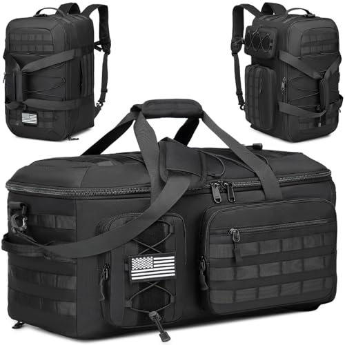 65L Travel Duffle Bag, 3 in 1 Convertible Backpack Tactical Gym Bag with Shoe Compartment, Waterproof Heavy Duty Duffel for Men, Large Travel Bag for Business Trip Workout & Outdoor - color: Black, size: 65L