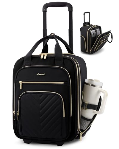 LOVEVOOK Underseat Carry On Luggage with Wheels, Stylish Under Seat Luggage with Giant Tumbler Holder Pocket, Soft Sided Small Suitcase for Travel, Work - color: Black