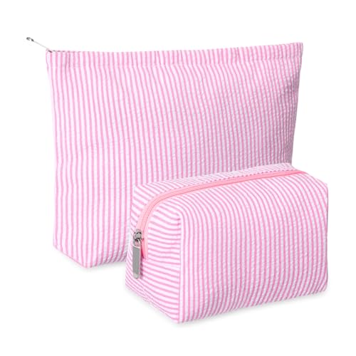 Huhumy 2 Pcs Makeup Bag Set Cute Cosmetic Pouch for Women Seersucker Travel Toiletry Bag Preppy Small Makeup Purse Pouch Aesthetic Skincare Brushes Storage Organizer for Valentine Women(Pink) - color: Pink, style: Thin Striped Seersucker