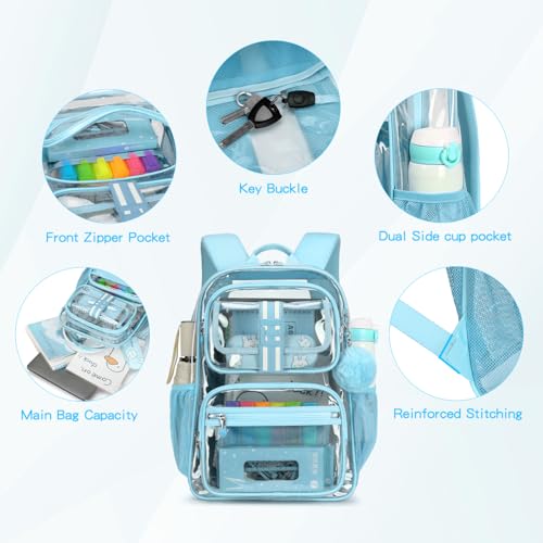 Cusangel Clear Backpack for School,16in Heavy Duty Clear BookBag,TPU Large Capacity Black See Through backpack for Stadiums,Concerts,Plastic transparente para mujer for 8Age+ - color: Aqua Clear 16in