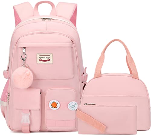 Spotted Tiger School Backpack for Girls Backpack with Lunch Box Anime Bookbag Set School Bag Kawaii Backpacks for Girls Teens (Pink) - color: Pink