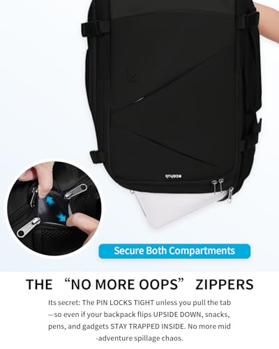 ECOHUB 17" Small Unisex Travel Backpack United Airline Approved 17x10x9 Friendly Suitcase Anti-Theft Lockable Zippers Style Personal Item Bag Travel Essentials with 12 Pockets Water Resistant, Black - color: Black, size: 17 inch underseat