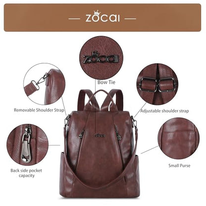 ZOCAI Backpack Purse for Women Medium Anti-Theft Backpacks Purses Design Leather Shoulder Bags with Removable Strap - color: Wine
