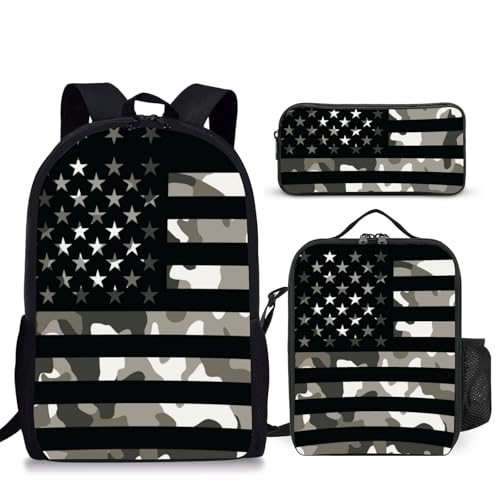 3PCS Camouflage flag Backpack for Boys Girls Teens, School Backpack with Lunch Box Pencil Case for Elementary Middle High Students, 17 Inch Lightweight Bookpack 3 in 1 Set Back to Shool for Kids - color: Flag
