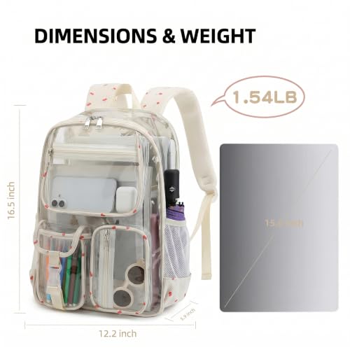 Clear Backpacks for Girls Women, Heavy Duty PVC Transparent School Bookbag See Through Back Pack for College Work Travel (Cherry Beige) - color: Cherry Beige