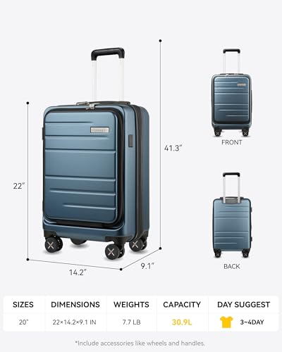LUGGEX Carry On Luggage 22x14x9 Airline Approved, Polycarbonate Hard Suitcase with Front Pocket (Blue, 20 Inch, 35L) - color: Blue, size: 20 Inch-NonEXT