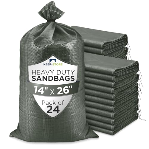 Heavy Duty Sand Bags Pack of 24, Army Green Empty Sandbags with Built-In Ties, Woven Polypropylene UV Protection 1600 Hours, Fillable Bags for Flood Control, Weight, 14x26 inches, 50 Pounds Volume - size: 14"W x 26"L, style: Pack of 24