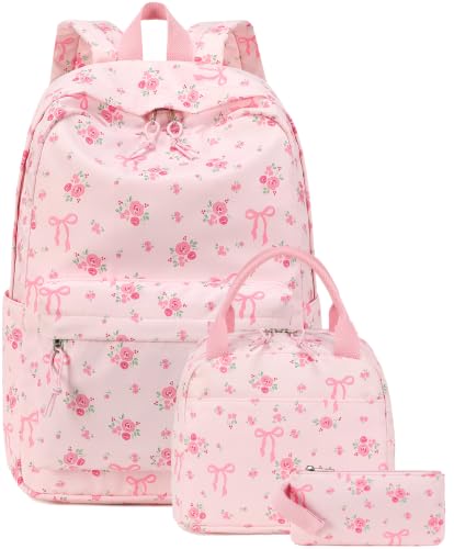 Bluboon Teen Girls School Backpack Kids Bookbag Set with Lunch Box Pencil Case Travel Laptop Backpack Casual Daypacks (Pink bow tie) - color: Large Bow Floral Pink