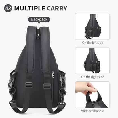 Crossbody Sling Bag with Water Bottle Holder, 8.3" Convertible Small Backpack Anti Theft Daypack, Chest Fanny Pack for Men Women, Black - color: Black