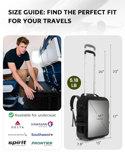 AUROTIER Rolling Tactical Laptop Backpack, Underseat Travel Backpack with Wheels, 16 Inch Wheeled Computer Backpack for Men and Women, Roller Overnight Molle Outdoor Hiking College Carry on Luggage - color: Black