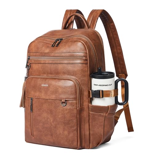 Shrrie Vegan Leather Laptop Backpack for Women,17 Inch Computer Backpack Purse for Work Business College Travel Teacher Nurse with Anti-theft Pocket & Giant Tumbler Holder Pocket,Caramel Brown - color: Caramel Brown