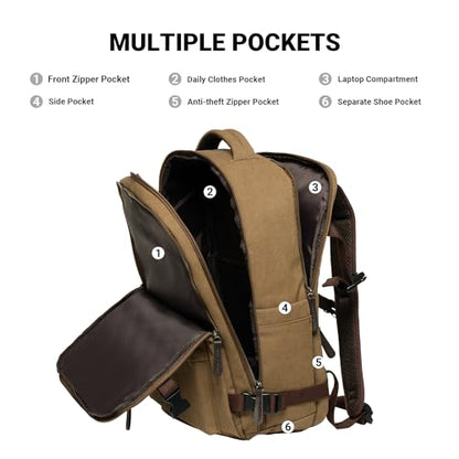 KAUKKO Canvas Travel Backpack, Personal Item Airline Approved, Carry On Backpack with Multi-Pockets and Shoe Pouch, fit 15.6 inch Laptop, 40L Weekender Bag, 11-KHAKI - color: 11-khaki