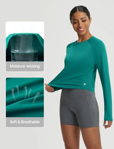 baleaf Women's UPF 50+ Long Sleeve Sun Shirts Crop Rash Guard UV Workout Tops SPF Slim Fit Lightweight Athletic Hiking - color: Green, size: Small