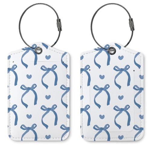 Coquette Navy Blue Bow Luggage Tags for Suitcases 2 Pack, Cute Navy Blue Bow Heart Pattern PU Leather Bag Tag with Privacy Cover Stainless Steel Loop, Travel Gifts for Women Teen Girls - color: Navy Blue Bow