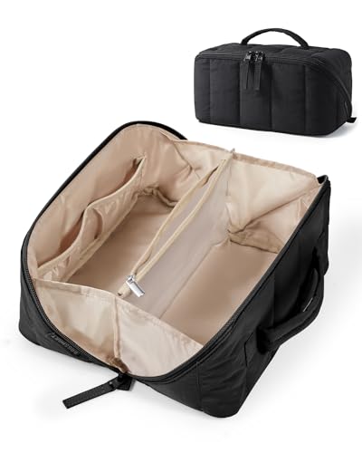 BAGSMART Travel Makeup Bag for Women, Portable Water-resistant Cosmetic Case, Puffy Padded Make Up Organizer Pouch, Open Flat Toiletry Bag for Toiletries, Brushes, Black - color: 01-Black