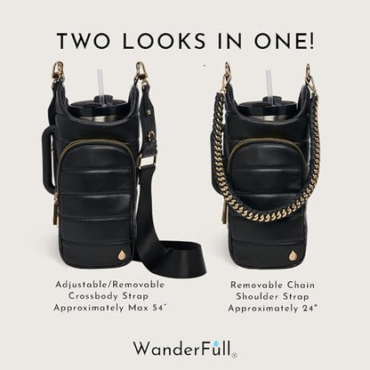WanderFull HydroBag Handle®, Vegan Leather Hands-Free Crossbody 40 Oz Water Bottle Carrier w/Strap Bundle - color: Black