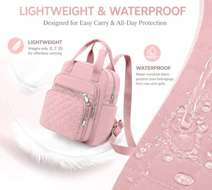 Small Backpack for Women Casual Quilted Square Bag Waterproof Multi Pockets Daypack Lightweight Top Handle Satchel - color: Pink