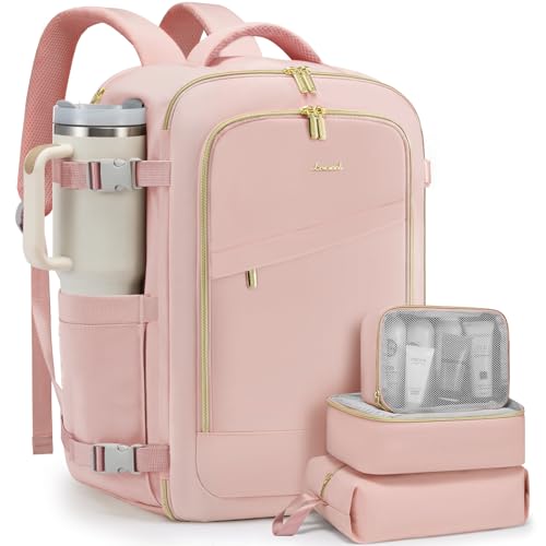 LOVEVOOK Travel Backpack for Women, 40L Carry On Backpack for Airplanes, Personal Item Bag for Airlines Fits 17 inch Laptop, TSA Approved Luggage with 3 Packing Cubes,Waterproof Weekender Gym Backpack - color: Pink, size: 40L