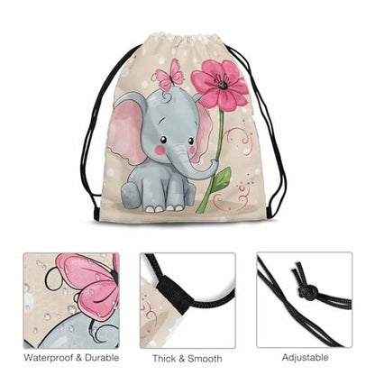 Drawstring Backpack Bag Cute Elephant Butterflies Nose to Flower Lightweight Backpack Soccer Ball Bag Sutiable for Sports Beach Short Travel Stroage 14x16.9 Inch - color: Elephant