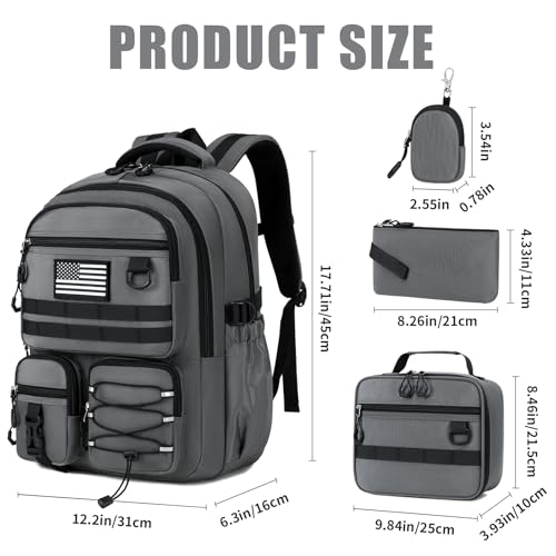 GeeWin Camo Backpack for Boys, 4PCS Boys Backpack with Lunch Box Set - color: Solid Grey