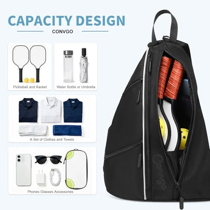 Pickleball Bag for Women Men, Adjustable Pickleball Backpack, 2 in 1 Sports Sling Bag for Pickleball Tennis - color: Black