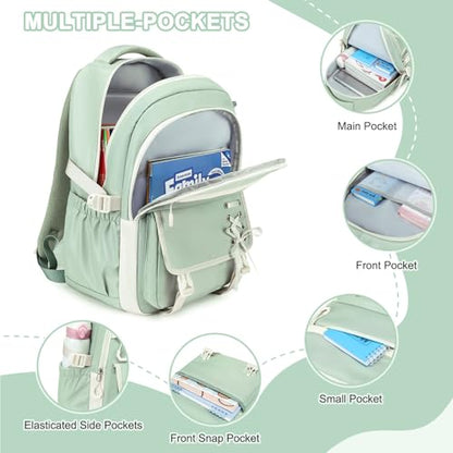 Scothen 3PCS Girls Backpack for School, Kids Backpack for Girls with Lunch Bag Pencil Case, Kids Bookbag Teen Backpacks for Elementary Middle High School - color: Green-beige